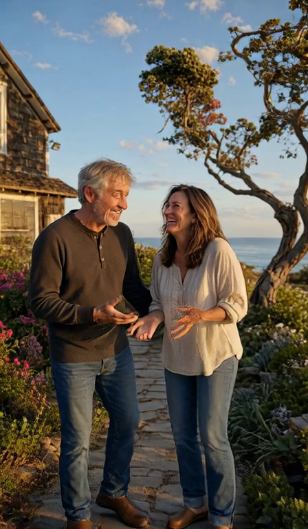 A mature couple share an easy laugh in a coastal garden