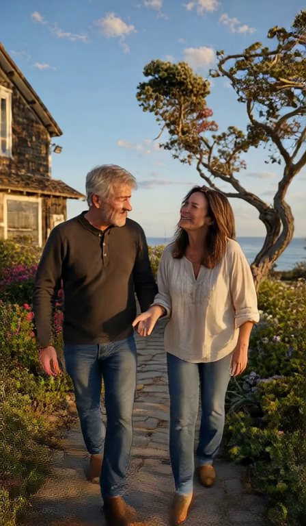 A mature couple laugh together outdoors