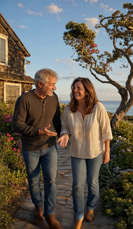 A mature couple stand close together in warm sunlight